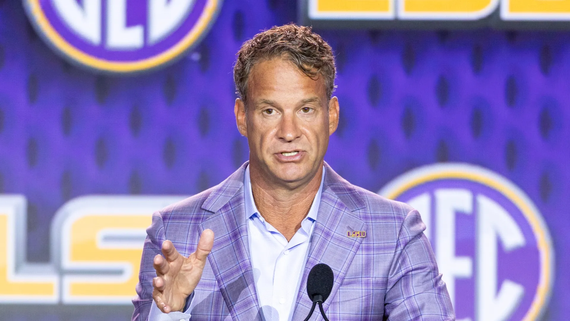Lane Kiffin of the LSU Tigers speaks at SEC Football Kickoff Media Day at Tampa Marriott Water Street on July 23, 2026 in Tampa, Florida.
