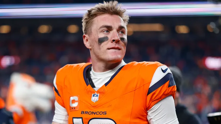Bo Nix #10 of the Denver Broncos celebrates after defeating the Buffalo Bills.