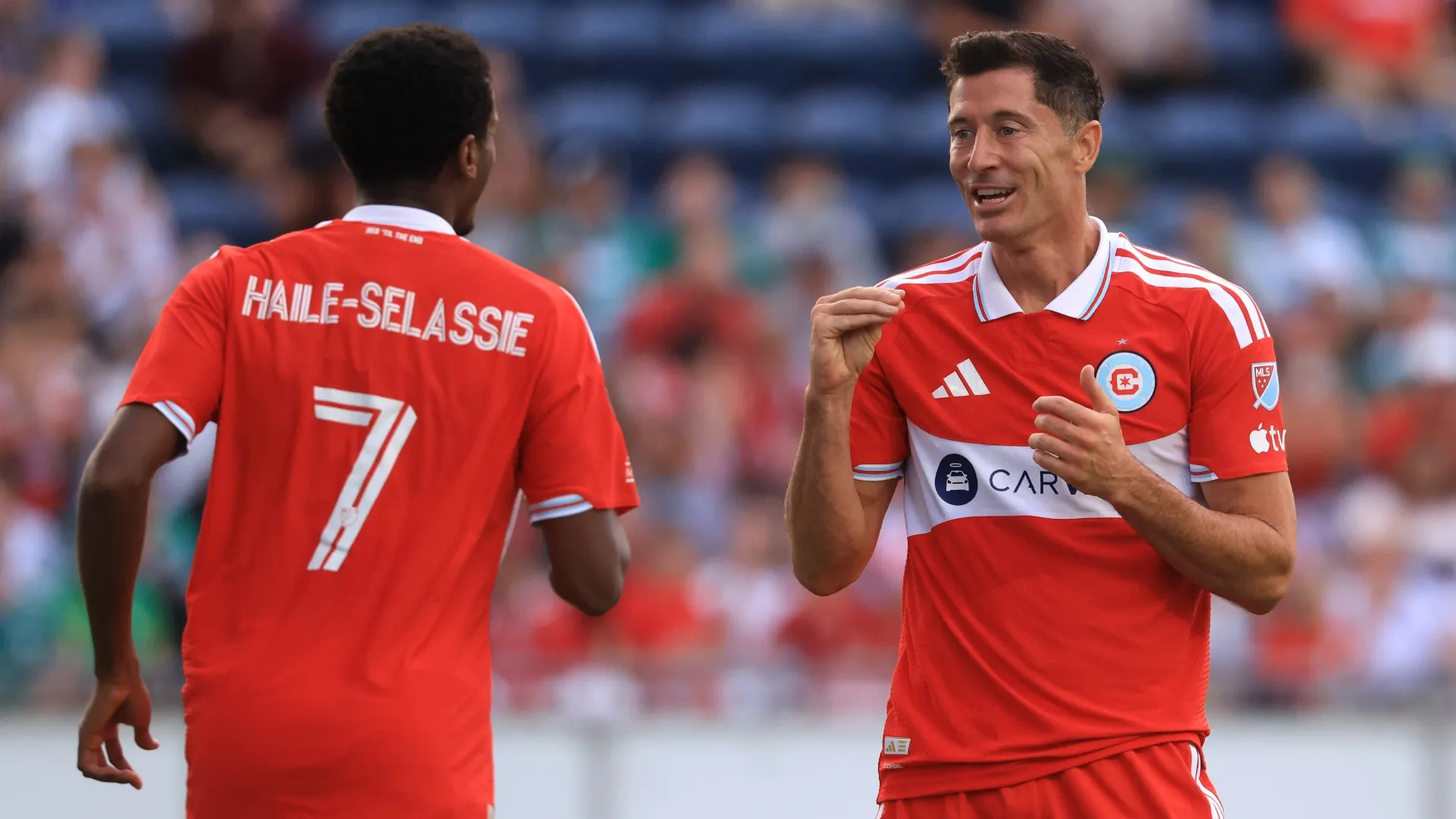 Maren Haile-Selassie #7 and Robert Lewandowski #9 of the Chicago Fire (Source: Justin Casterline/Getty Images)