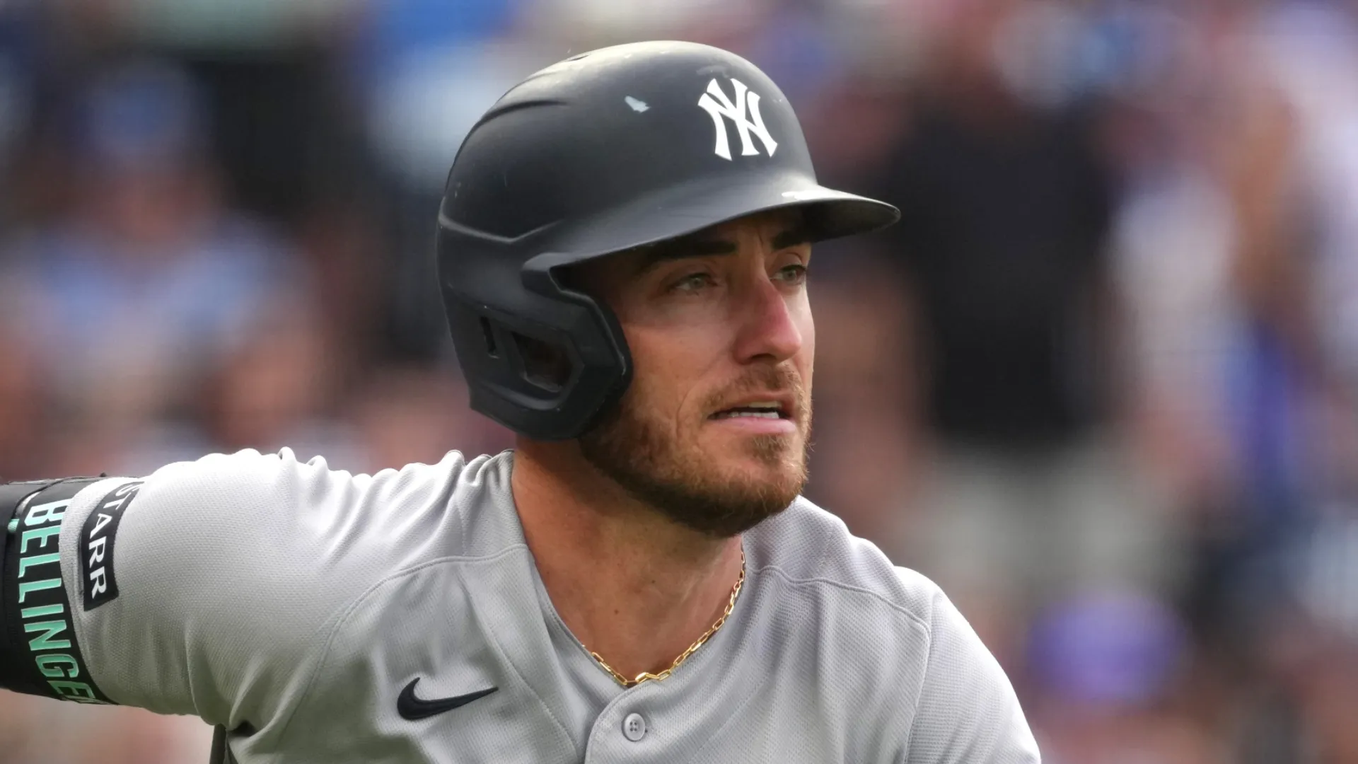 Cody Bellinger #35 of the New York Yankees runs to first after hitting a home run against the Kansas City Royals in the first inning at Kauffman Stadium on May 26, 2026 in Kansas City, Missouri.