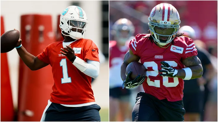 Cam Ward #1 of the Tennessee Titans and Kaelon Black #26 of the San Francisco 49ers
