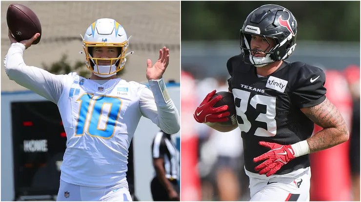 Justin Herbert #10 of the Los Angeles Chargers and Marlin Klein #82 of the Houston Texans