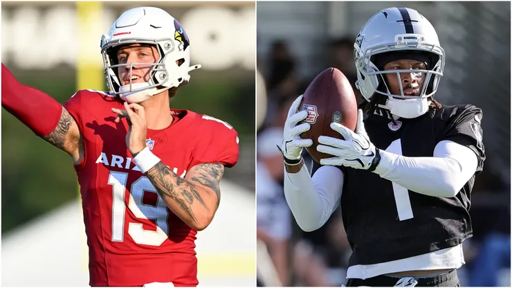 Carson Beck #19 of the Arizona Cardinals and Tre Tucker #1 of the Las Vegas Raiders