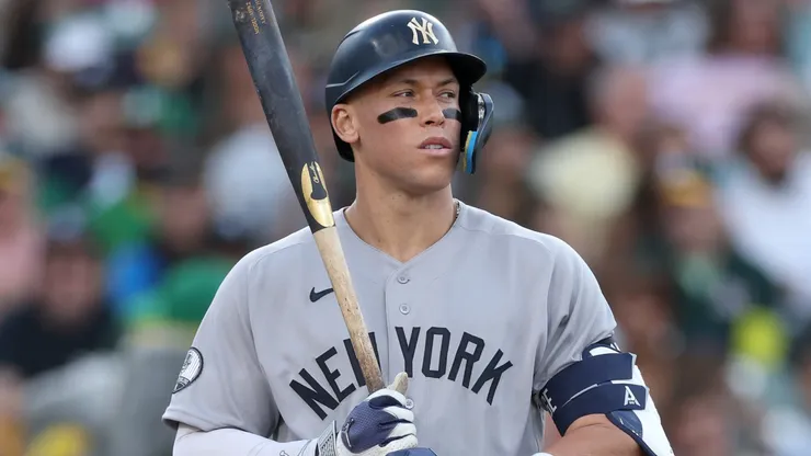 Aaron Judge #99 of the New York Yankees bats against the Athletics.