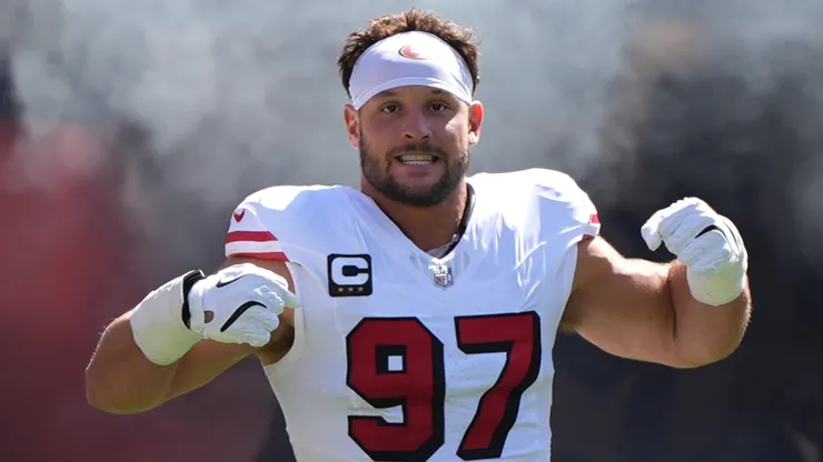 Nick Bosa #97 of the San Francisco 49ers runs onto the field.