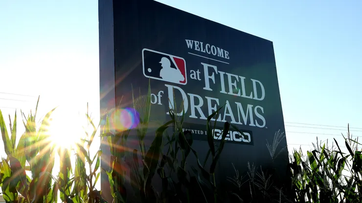 A general view of signage prior to the game at Field of Dreams