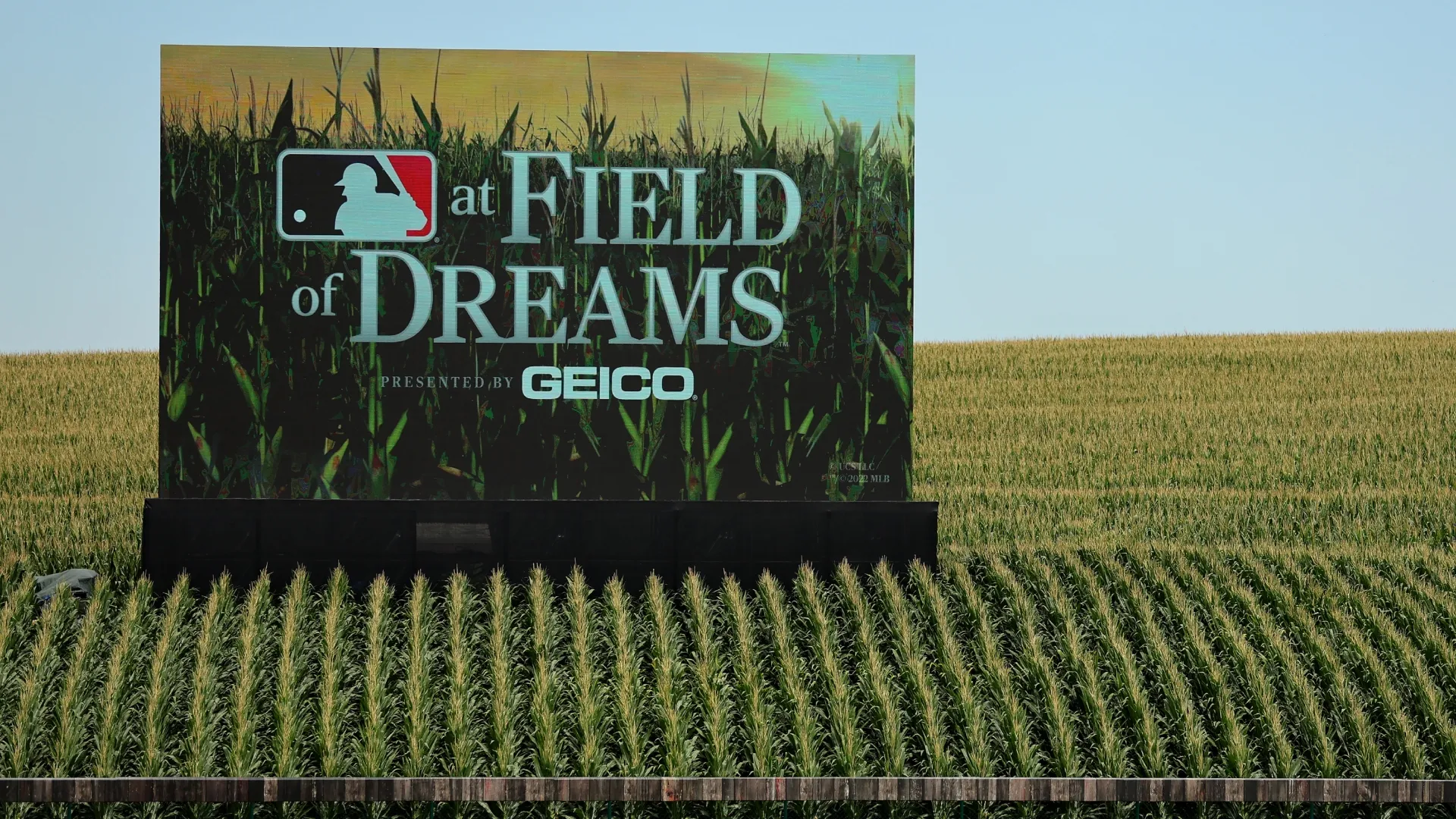 A general view of signage prior to the 2022 game between the Reds and the Cubs at Field of Dreams (Source: Michael Reaves/Getty Images)