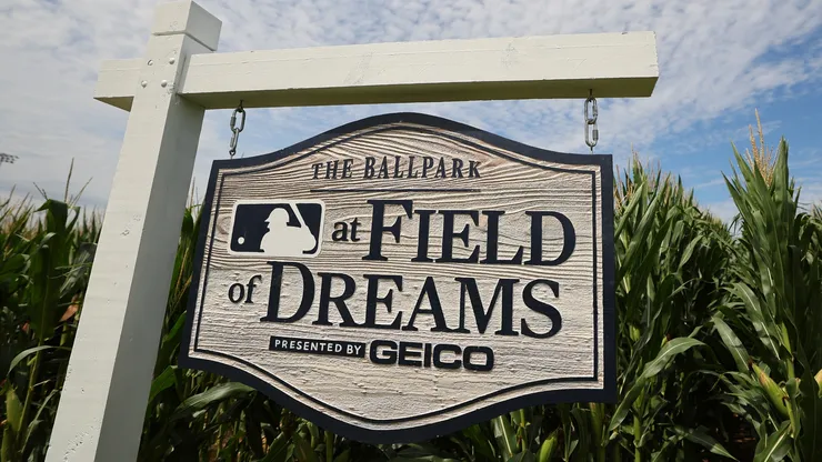 A general view of signage prior to a game at Field of Dreams