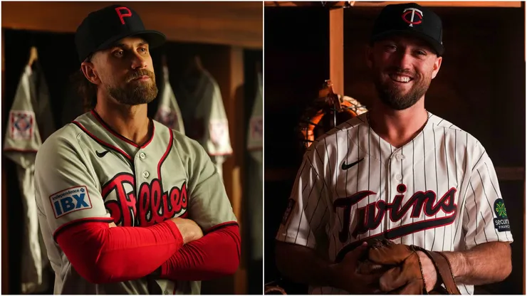 Bryce Harper of the Philadelphia Phillies and Kody Clemens of the Minnesota Twins