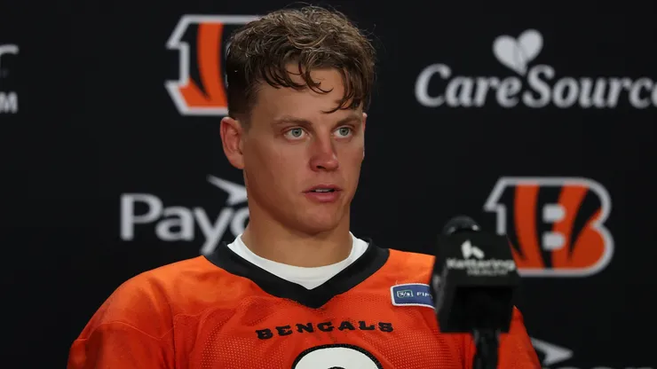 Joe Burrow #9 of the Cincinnati Bengals talks to the media during Cincinnati Bengals training camp.