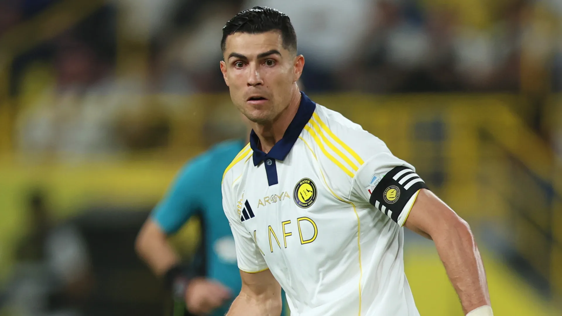 Cristiano Ronaldo of Al Nassr controls the ball during the Saudi Pro League match (Source: Yasser Bakhsh/Getty Images)