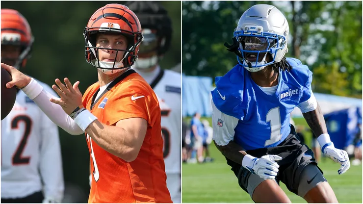 Joe Burrow #9 of the Cincinnati Bengals and Jameson Williams #1 of the Detroit Lions