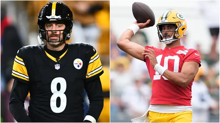 Aaron Rodgers #8 of the Pittsburgh Steelers and Jordan Love #10 of the Green Bay Packers