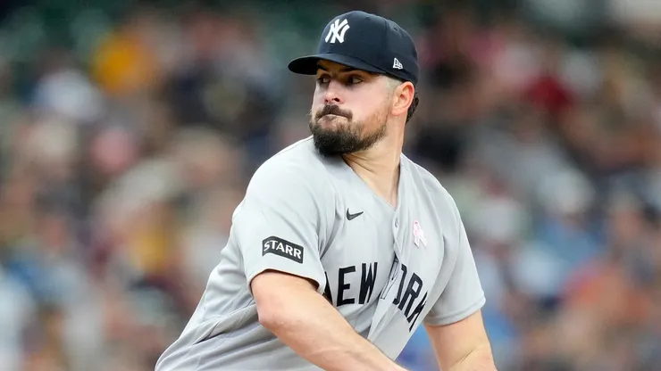 Carlos Rodon #55 of the New York Yankees throws a pitch in the first inning.