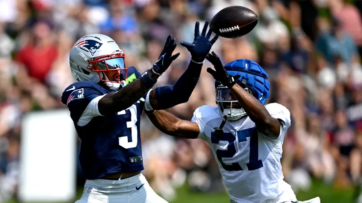 DeMario Douglas #3 of the New England Patriots and Justin Walley #27 of the Indianapolis Colts