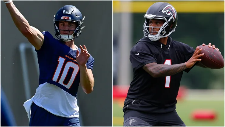 Bo Nix #10 of the Denver Broncos and Tua Tagovailoa #1 of the Atlanta Falcons
