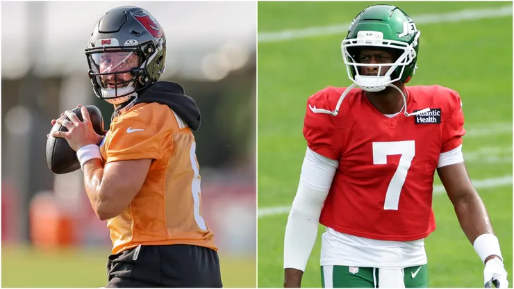 Baker Mayfield #6 of the Tampa Bay Buccaneers and Geno Smith #7 of the New York Jets