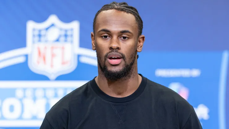 Malachi Fields, former Notre Dame Fighting Irish, speaks to the media.