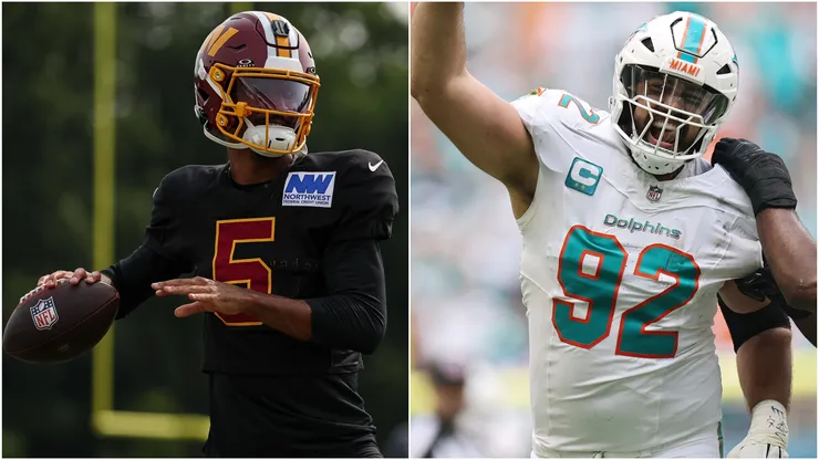 Jayden Daniels #5 of the Washington Commanders and Zach Sieler #92 of the Miami Dolphins