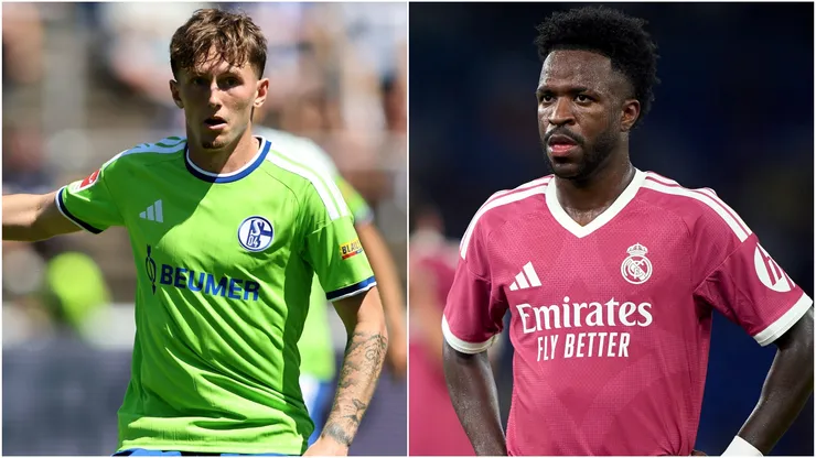 Max Gruger of Schalke 04 and Vinicius Junior of Real Madrid