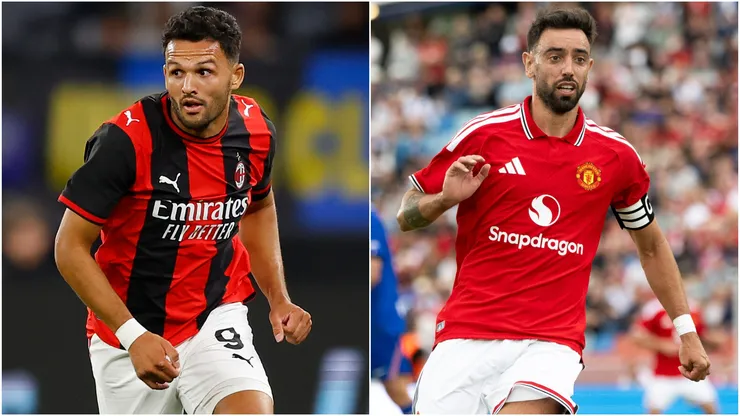 Goncalo Ramos of AC Milan and Bruno Fernandes of Manchester United