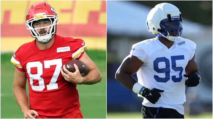 Travis Kelce #87 of the Kansas City Chiefs and Myles Garrett #95 of the Los Angeles Rams