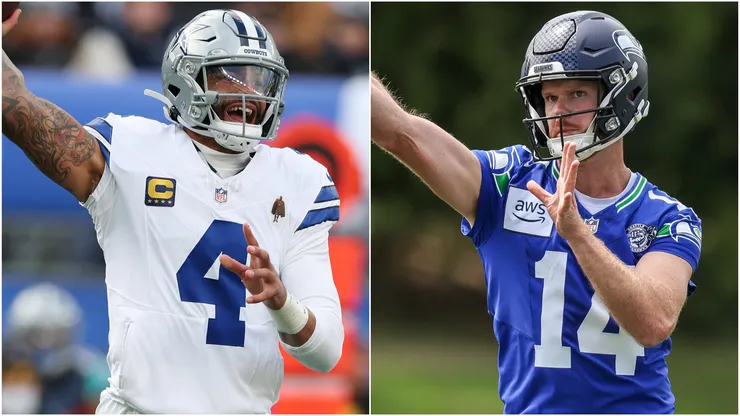 Dak Prescott #4 of the Dallas Cowboys and Sam Darnold #14 of the Seattle Seahawks
