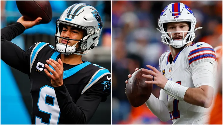 Bryce Young #9 of the Carolina Panthers and Josh Allen #17 of the Buffalo Bills