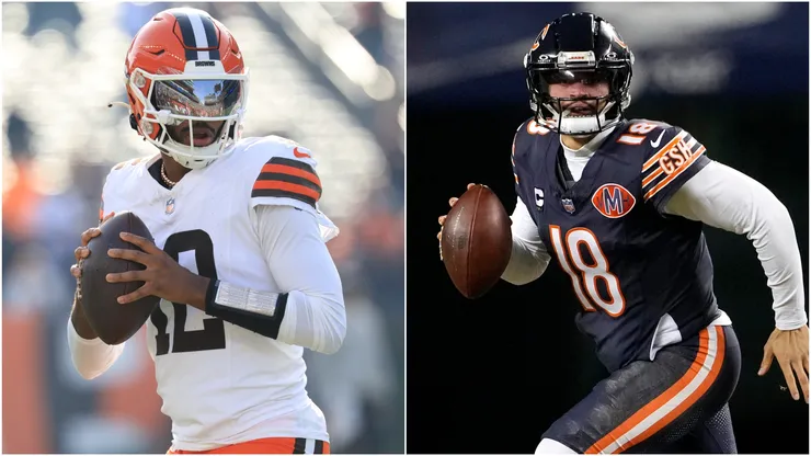 Shedeur Sanders #2 of Cleveland Browns and Caleb Williams #18 of the Chicago Bears