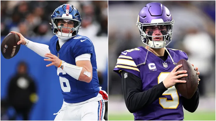 Jaxson Dart #6 of the New York Giants and J.J. McCarthy #9 of the Minnesota Vikings