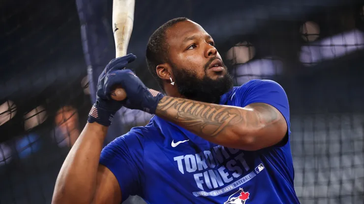 Vladimir Guerrero Jr. #27 of the Toronto Blue Jays warms up.