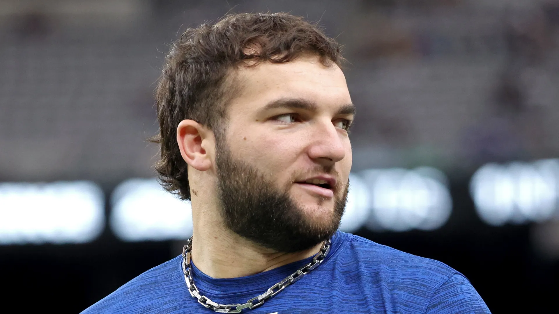 Cam Skattebo #44 of the New York Giants looks on prior to the game against the Las Vegas Raiders at Allegiant Stadium on December 28, 2025 in Las Vegas, Nevada.