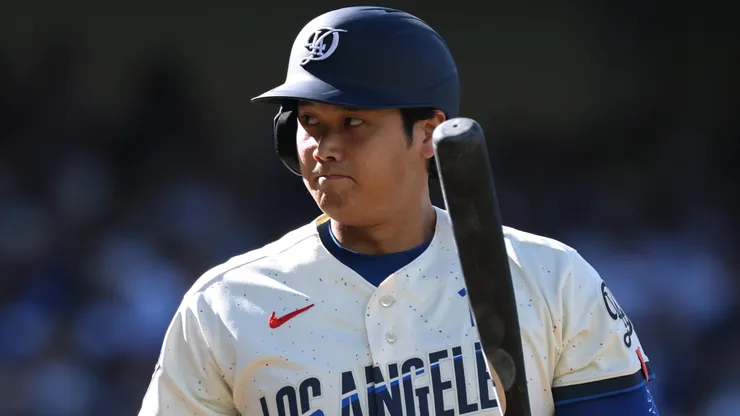 Shohei Ohtani #17 of the Los Angeles Dodgers reacts at bat during the third inning.