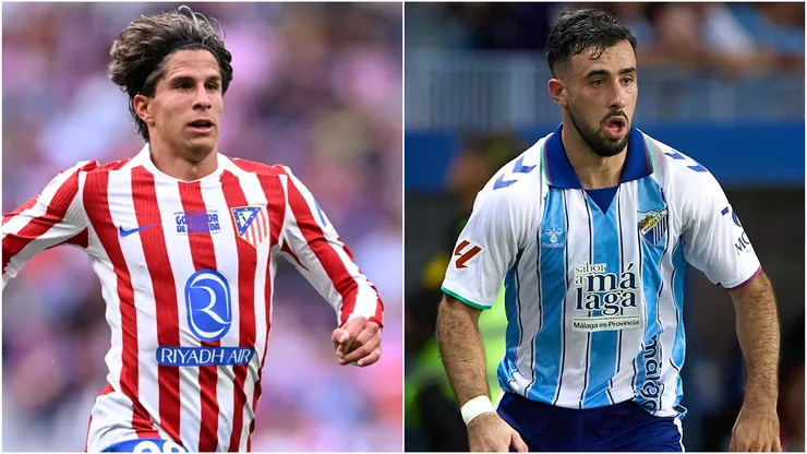 Giuliano Simeone of Atletico Madrid and Carlos Puga of Malaga