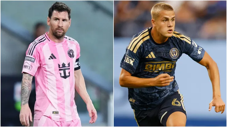 Lionel Messi #10 of Inter Miami and Cavan Sullivan #6 of the Philadelphia Union
