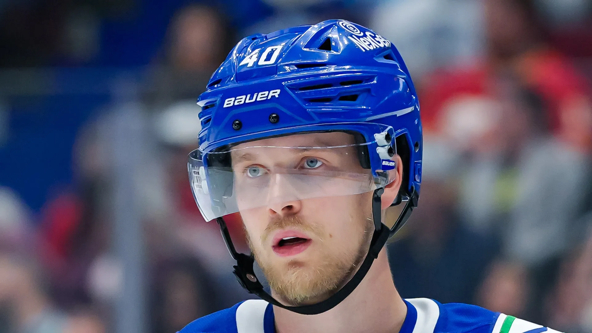 Elias Pettersson #40 of the Vancouver Canucks looks on during the third period of their NHL game against the Calgary Flames at Rogers Arena on October 9, 2024 in Vancouver, British Columbia, Canada.