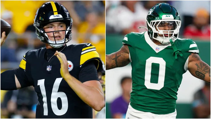 Drew Allar #16 of the Pittsburgh Steelers and Braelon Allen #0 of the New York Jets