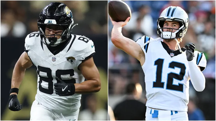 Trebor Pena #86 of the Jacksonville Jaguars and Kenny Pickett #12 of the Carolina Panthers
