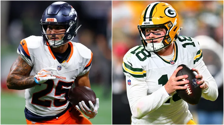 Cody Schrader #25 of the Denver Broncos and Kyle McCord #18 of the Green Bay Packers