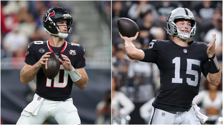 Davis Mills #10 of the Houston Texans and Fernando Mendoza #15 of the Las Vegas Raiders