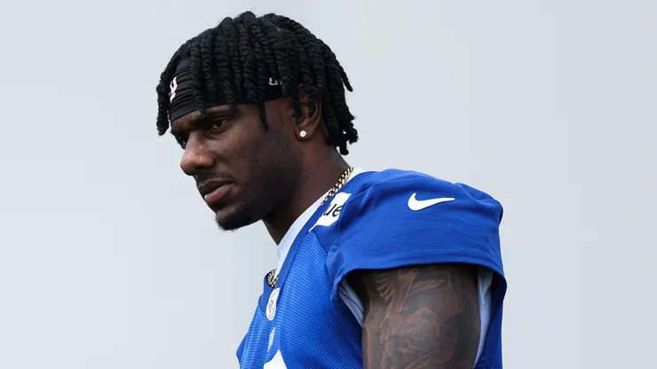 Malik Nabers #9 of the New York Giants looks on during OTA Offseason Workouts.