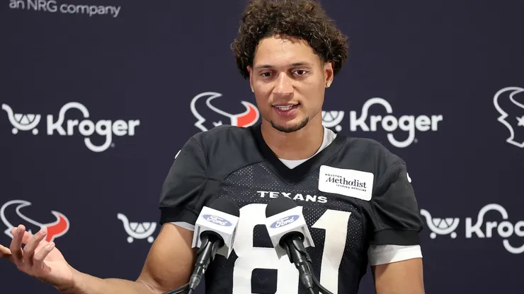 Jayden Higgins #81 of the Houston Texans speaks with the media during OTA Offseason Workouts.