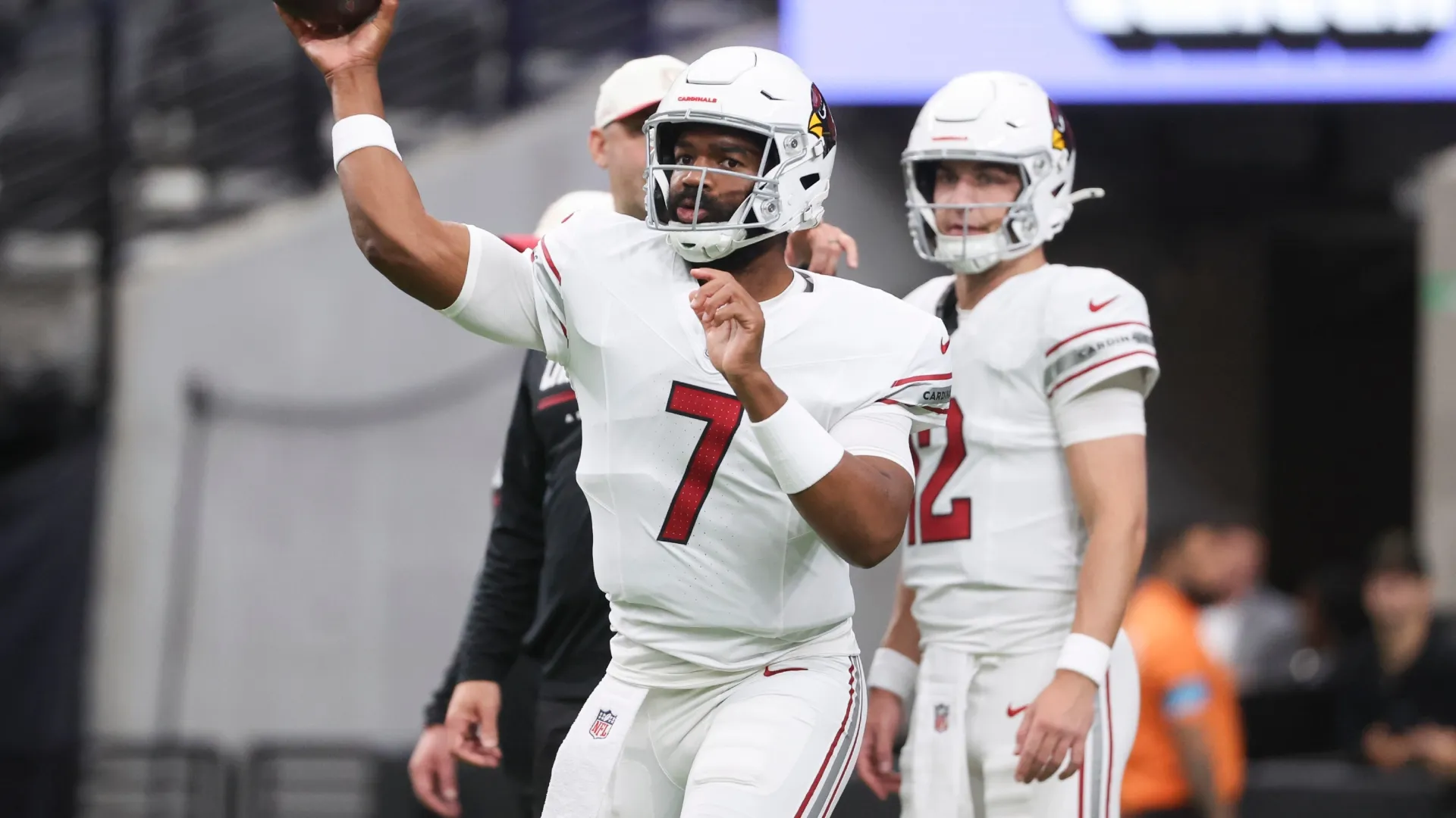 Jacoby Brissett #7 of the Arizona Cardinals warms up before the preseason game (Source: Ian Maule/Getty Images)