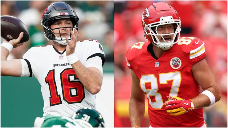 Connor Bazelak #16 of the Tampa Bay Buccaneers and Travis Kelce #87 of the Kansas City Chiefs