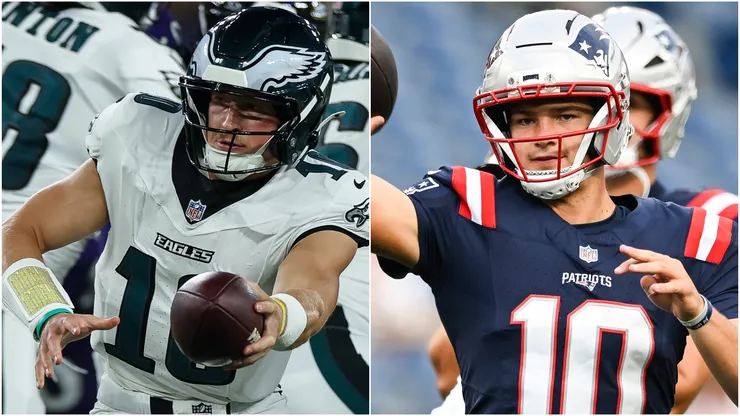Cole Payton #10 of the Philadelphia Eagles and Drake Maye #10 of the New England Patriots