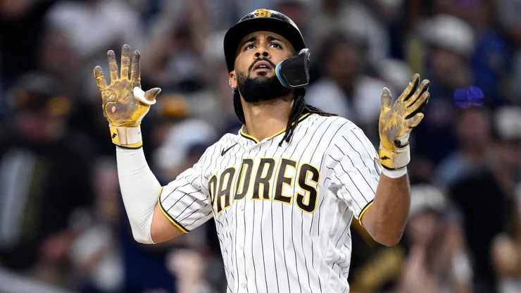 Fernando Tatis Jr. #23 of the San Diego Padres celebrates.