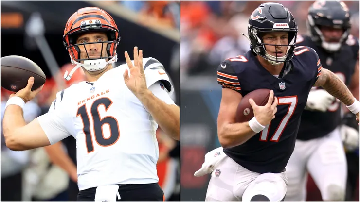 Joe Flacco #16 of the Cincinnati Bengals and Tyson Bagent #17 of the Chicago Bears
