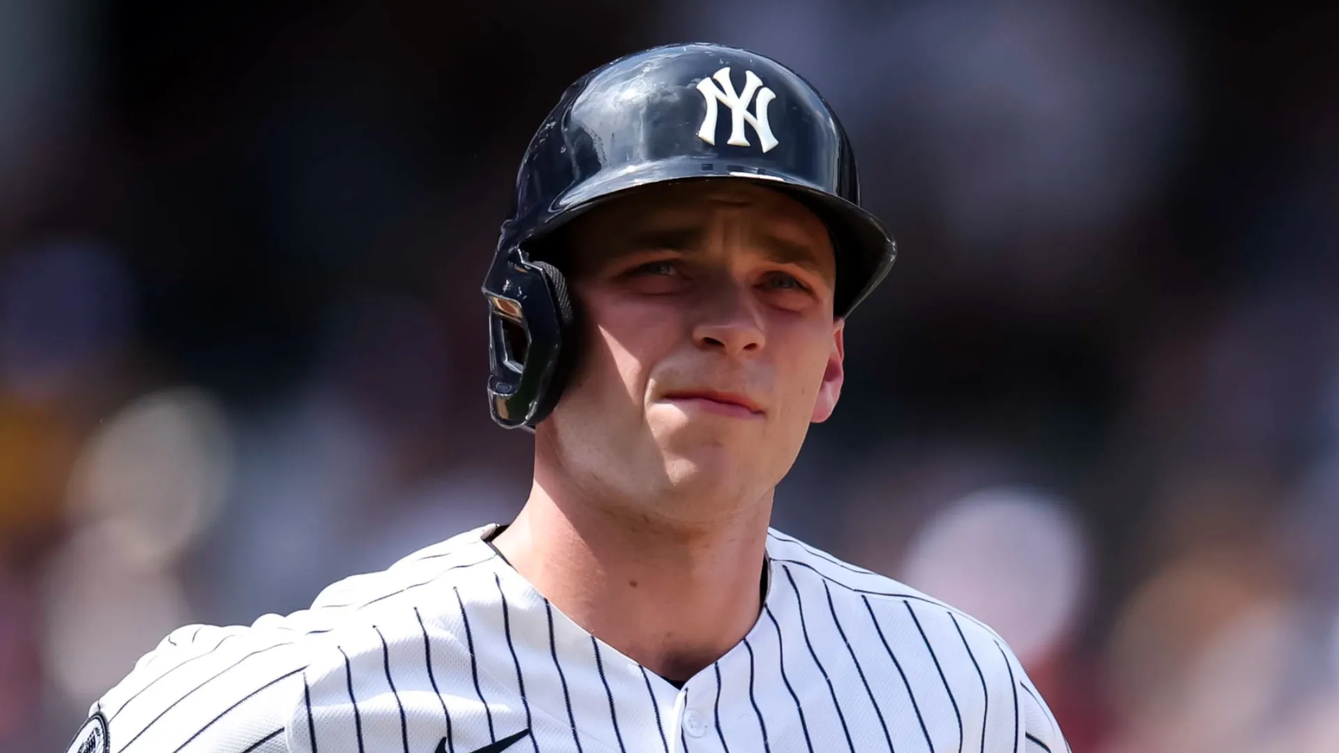 Ben Rice #22 of the New York Yankees looks on during the fifth inning against the Minnesota Twins at Yankee Stadium on July 04, 2026 in New York City.