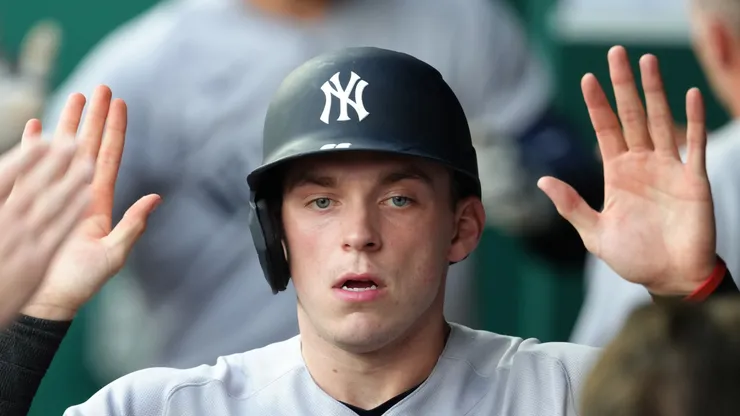 Ben Rice #22 of the New York Yankees at Kauffman Stadium.
