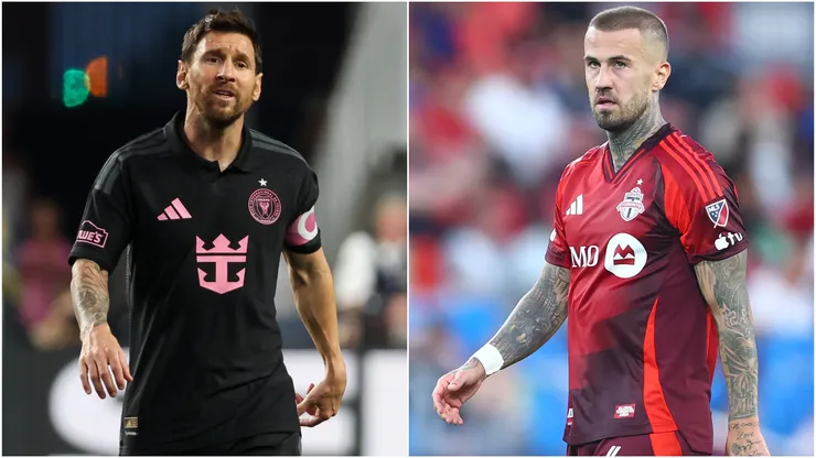 Lionel Messi #10 of Inter Miami and Niklas Dorsch #6 of Toronto FC
